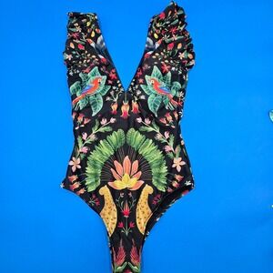 Averie Tropical Jungle Cheetah Parrot Ruffle One Piece Swimsuit Med Sustainable